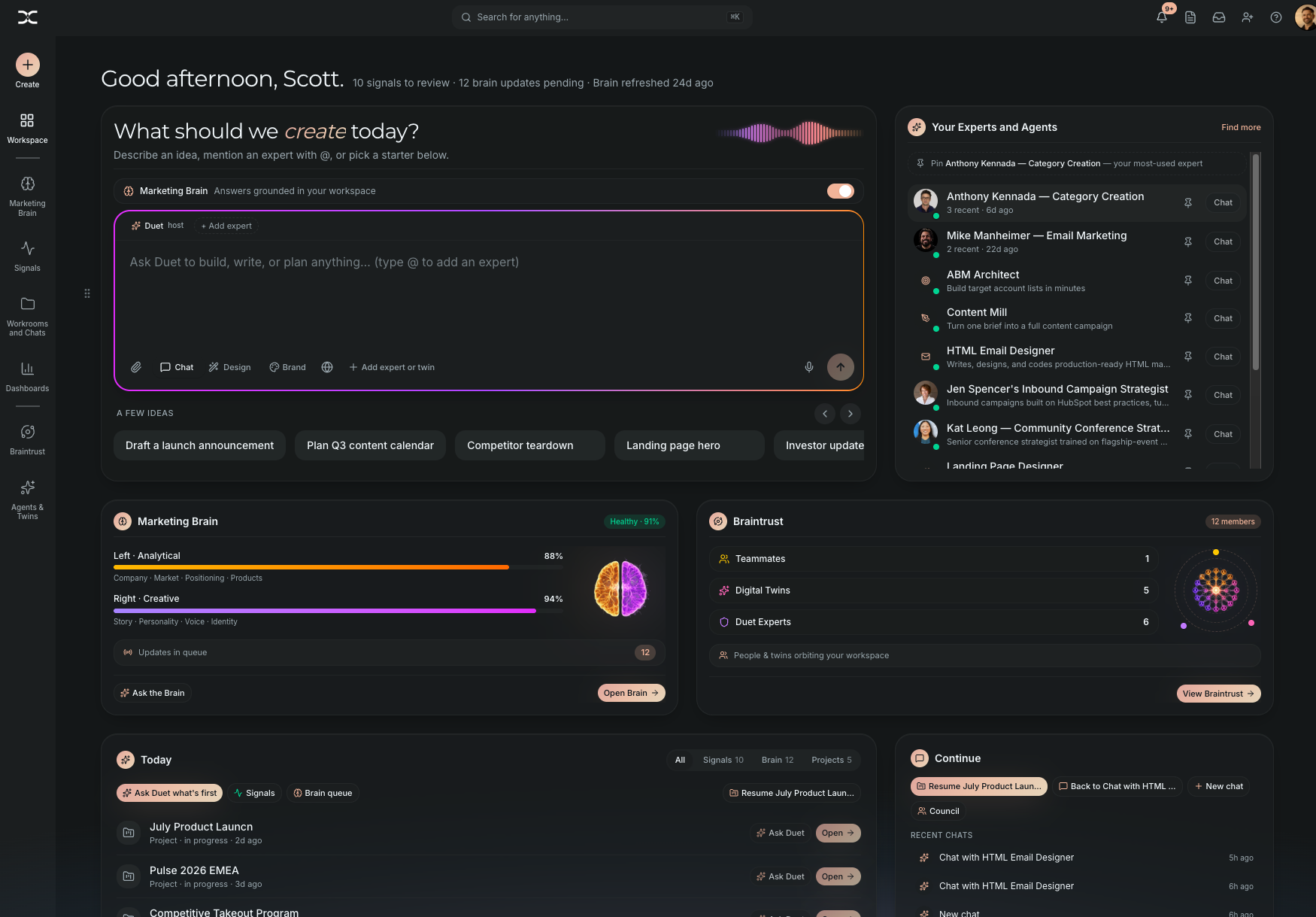 Duet workspace showing chat composer, marketing brain, and active projects