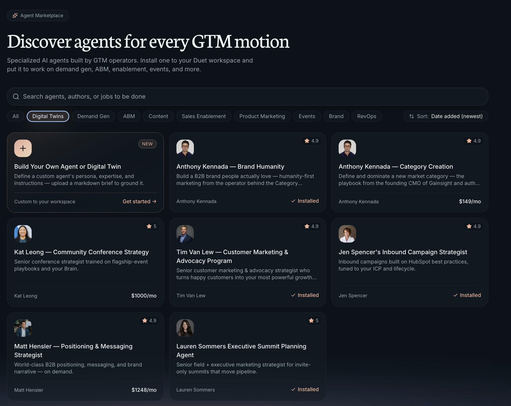 Agent marketplace showcasing digital twins of GTM operators