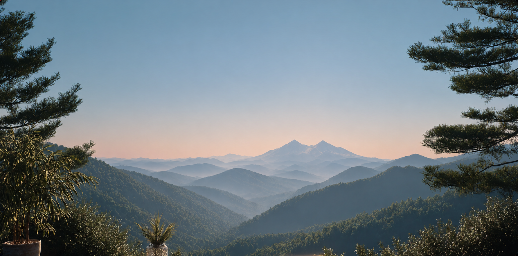 Dancer at sunrise with light waves over misty mountains